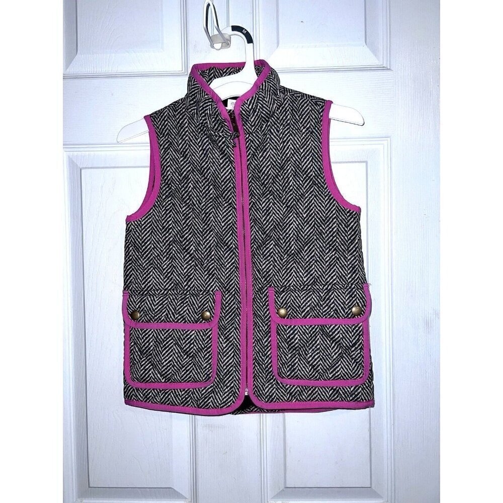CREWCUTS Girls Gray Herringbone Pink Trim Zipper Puffer Vest Sz 6/7